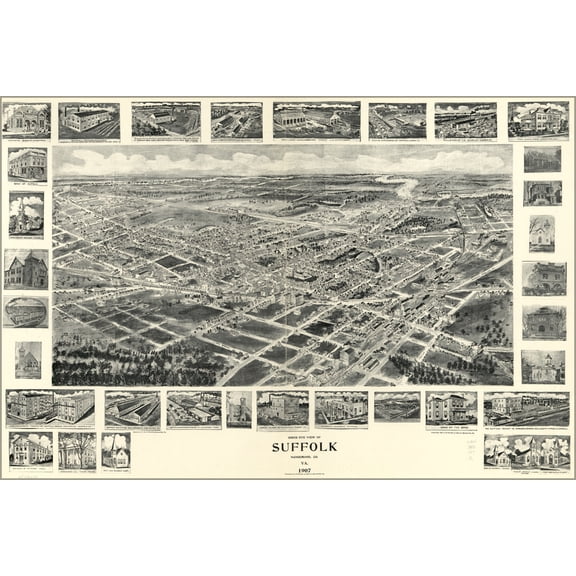 24"x36" Gallery Poster, birdseye view map of Suffolk, virginia 1907