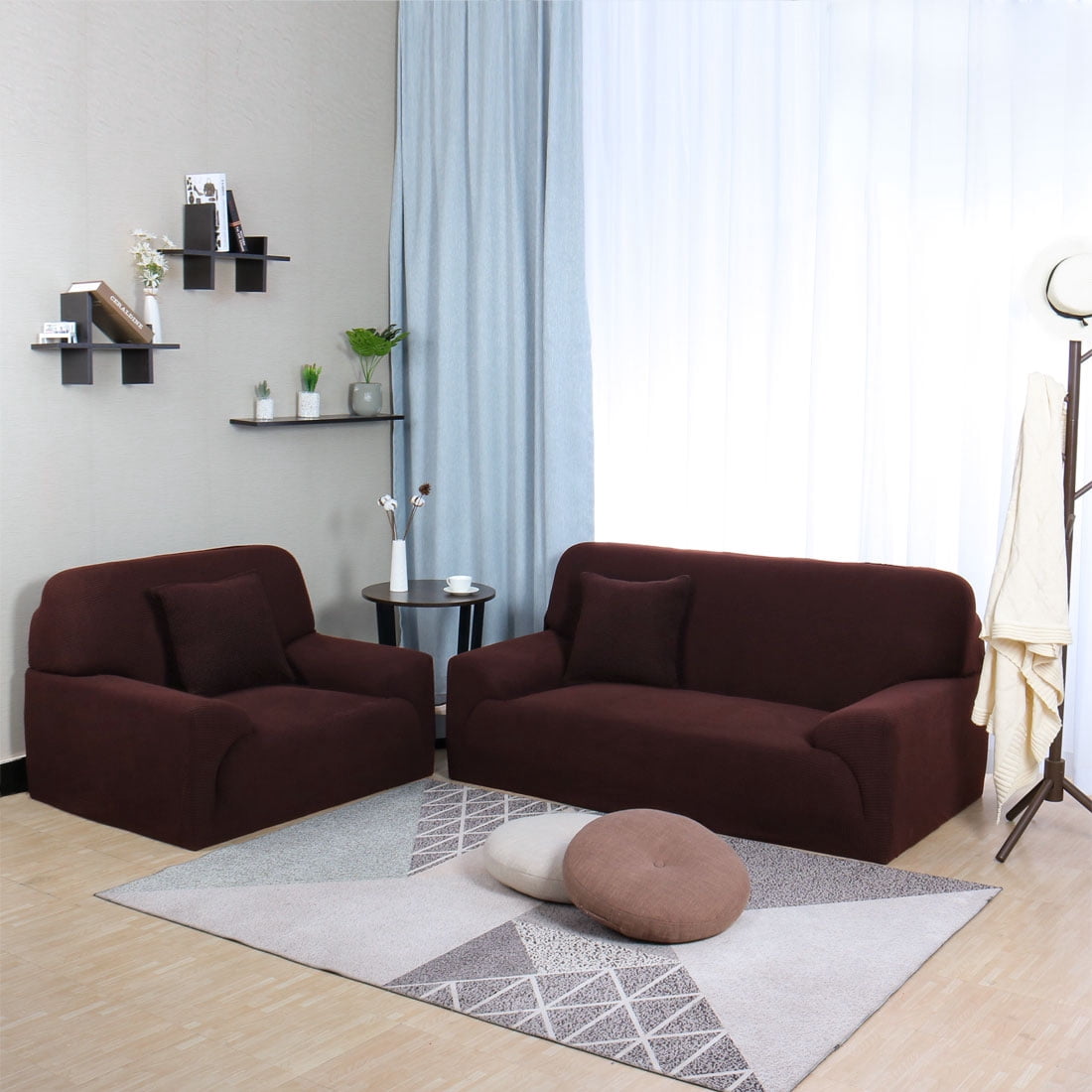 Unique Bargains 1-Piece Jacquard Solid Stretch Loveseat Slipcover, Coffee