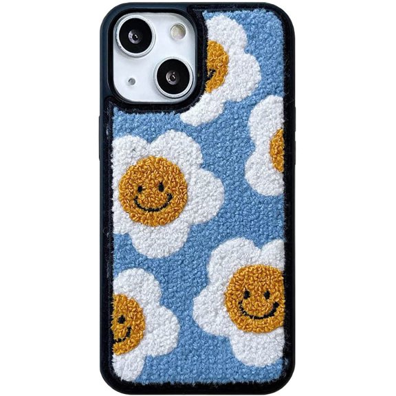Korean Embroidered Sunflower Phone Case for iPhone 15 Cute Floral Phone Case for Womens Girls Fluffy Texture Soft Carpet Shockproof Trendy Back Cover for iPhone 15 6.1"(Egg Flower)