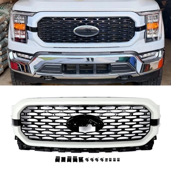 Star White Metallic Front Bumper Grille Honeycomb Grill For 2021 2022 2023 Ford F-150 F150, No Emblem