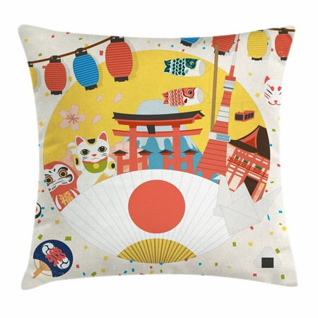 Lantern Throw Pillow Cushion Cover, Japanese Inspired Commercial Pattern Various Asian Culture Items Cool Cat Origami, Decorative Square Accent Pillow Case, 20 X 20 Inches, Multicolor, by Ambesonne