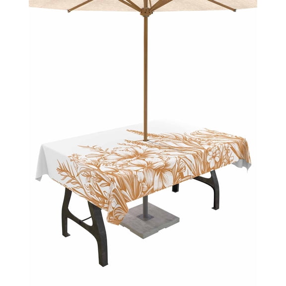 Boanket Outdoor Tablecloth with Umbrella Hole for Patio/Picnic/Party/Camping, Brown Plants Waterproof Table Cloth Rectangle Table Cover Washable, Lavender Floral Spring Wildflower White (52"x 70")