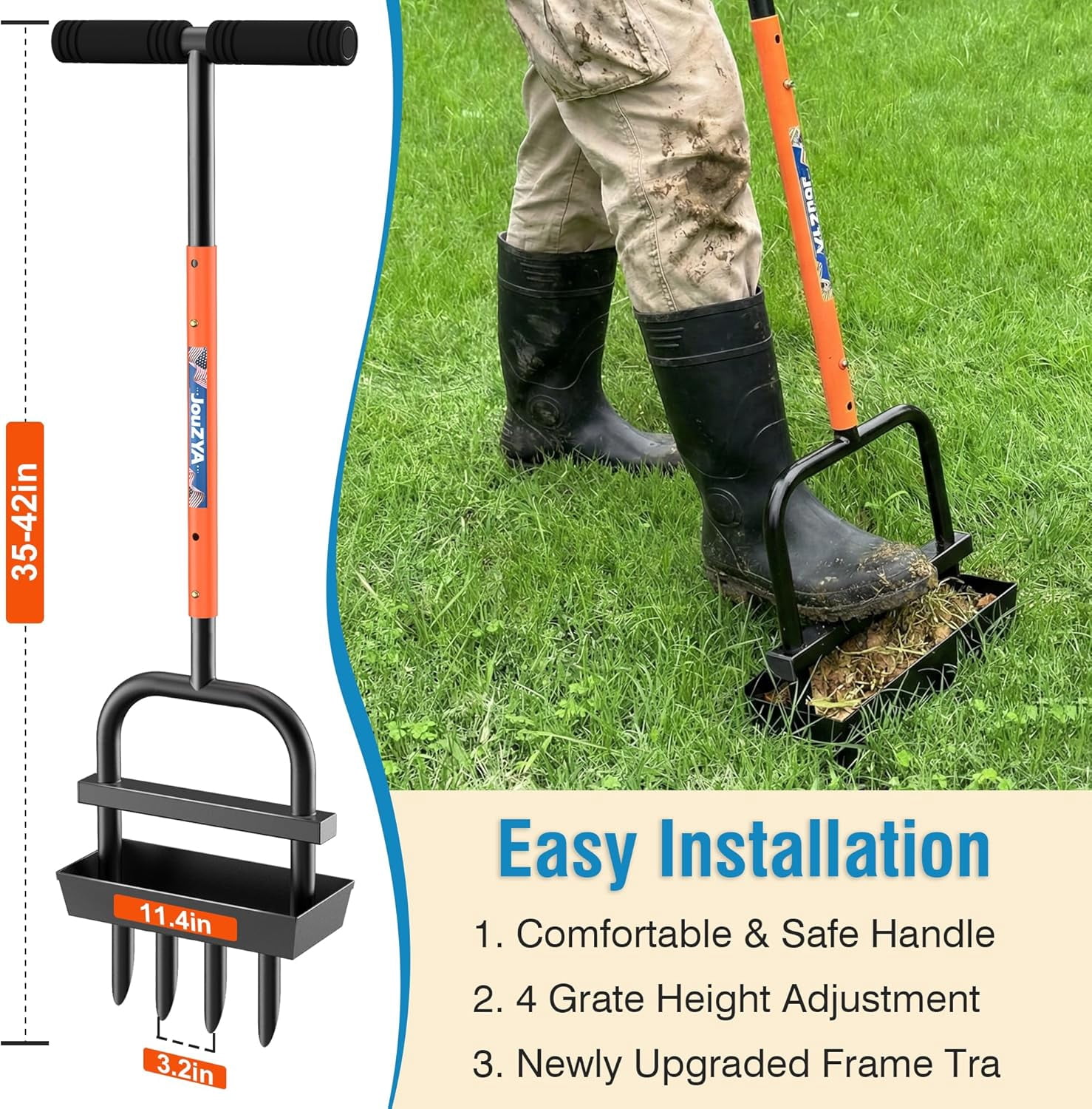 JouZYA Lawn Core Aerator Tool with Soil Core Collection Tray, 4 Tines Manual Grass Aerator, Spike Lawn Coring Aerator for Yard Lawn Aeration Soil Loosening Garden Tool, Coral