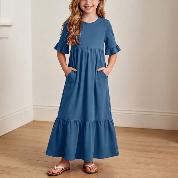 Trikvn Girls Maxi Dress Short Sleeve Ruffle Tiered Long Dresses with Side Pockets Casual Summer Loose Fit Flowy Sundress for Kids Beach Vacation Holiday Wear