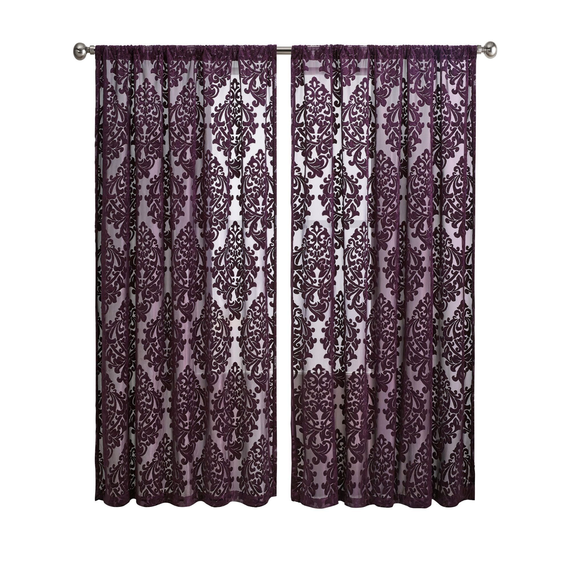 Mainstays Velvet Sheer Damask Burnout Rod Pocket Single Curtain Panel, Purple
