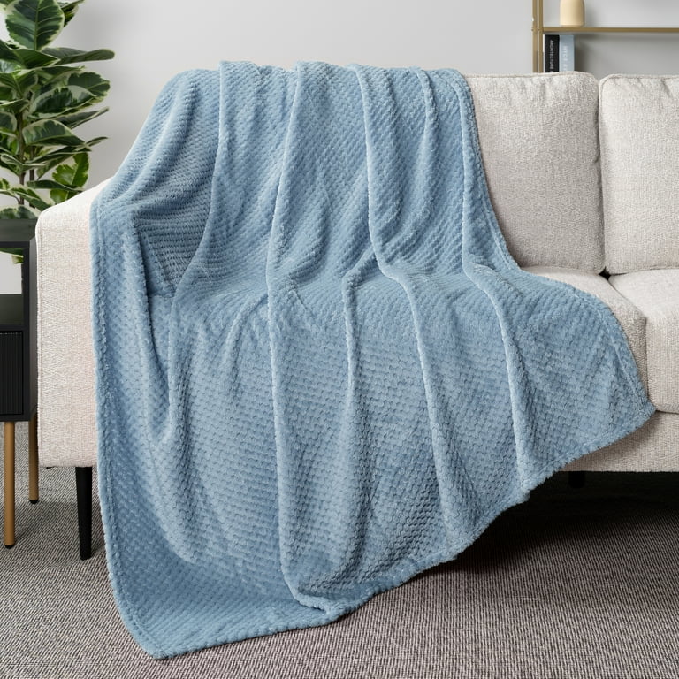 PAVILIA Flannel Fleece Waffle Throw Blanket, Dusty Blue, 60x80 for