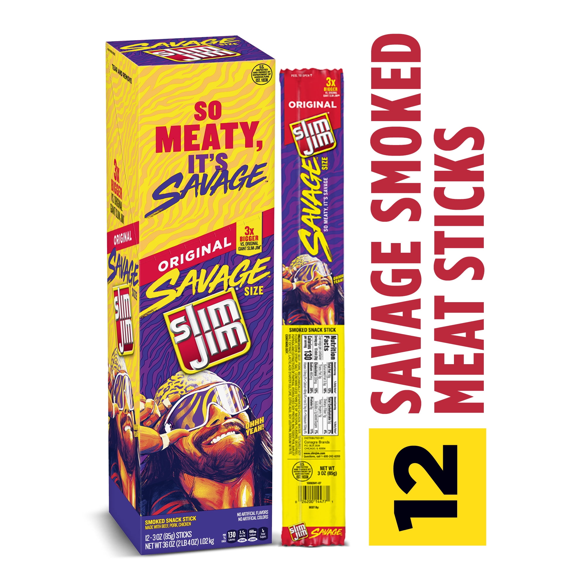 Slim Jim Savage Original Flavor Smoked Meat Snack Sticks 3 oz. 12Count