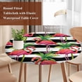 thumbnail image 4 of Striped Flamingo Round Tablecloth, Fitted Table Cover with Elastic for 36"-44" Round Tables, Pink Birds Green Palm Leaf Black White Table Cloth Outdoor Indoor Dinning Party Waterproof Tablecloths, 4 of 7