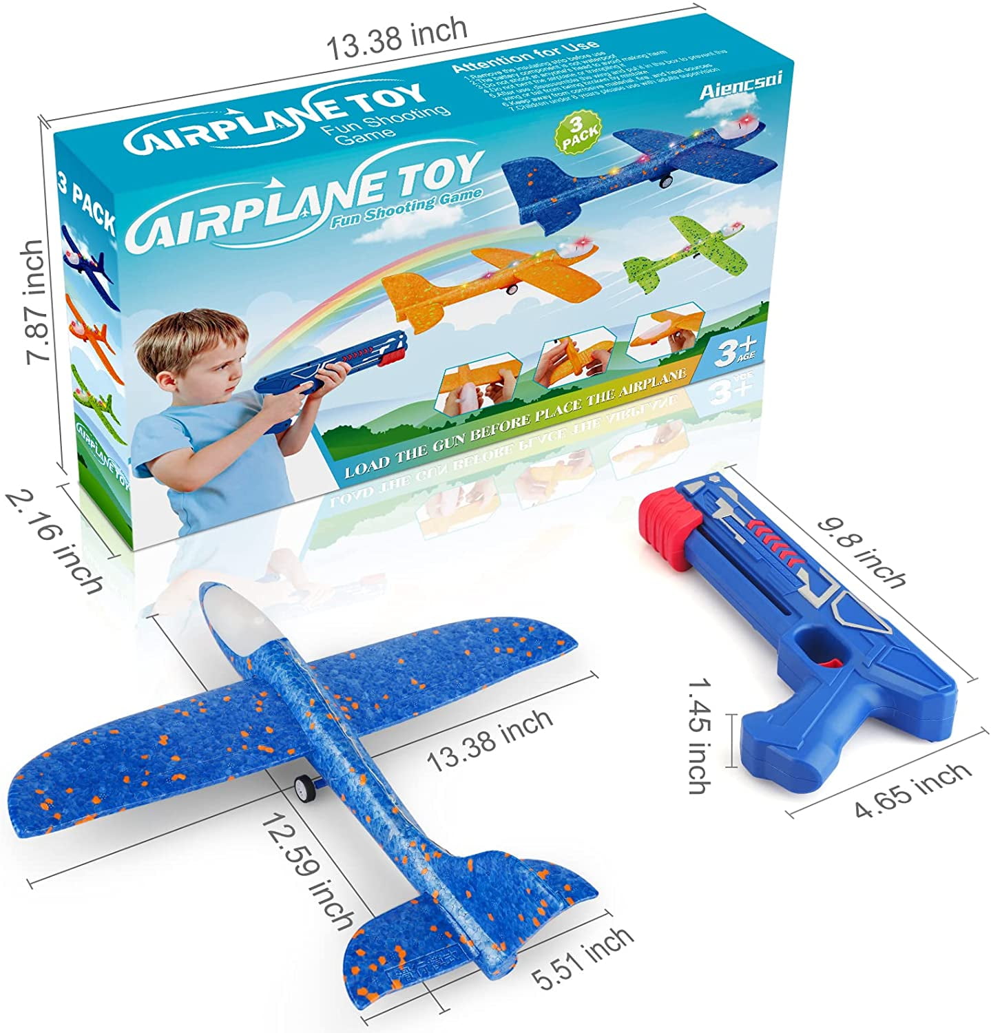 Allaugh 3 Pack Airplane Launcher Toys, Foam Glider LED Light Airplane 2 Flight Mode Catapult Plane Toy for Boys, Outside Flying Toys Gifts for 4 5 6 7 8 9 10 11 12 Years Old