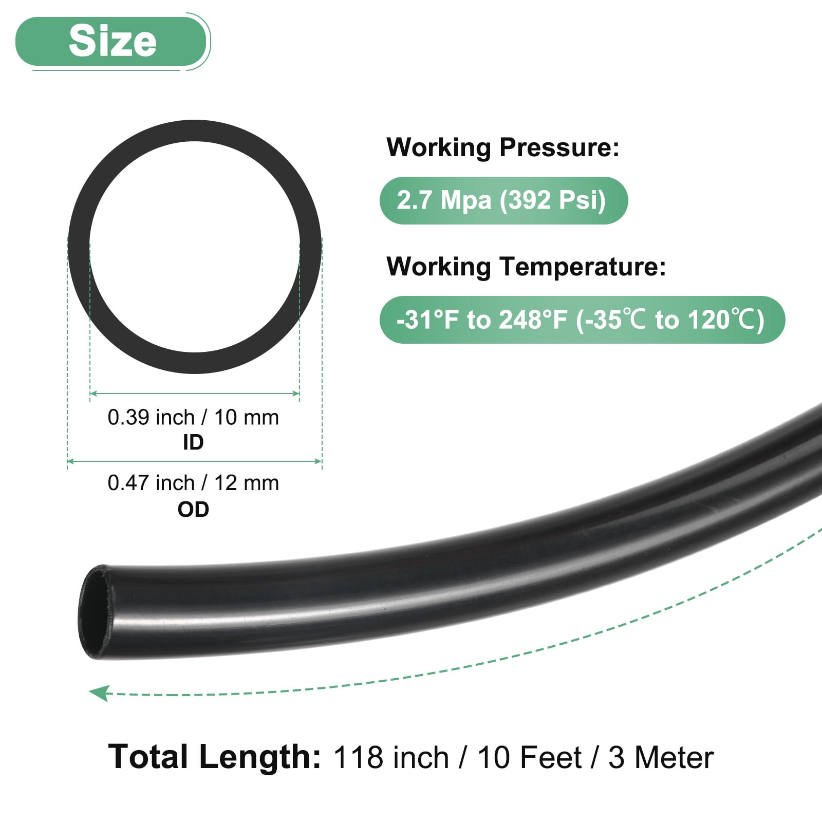 Uxcell Nylon Line Hose Tube, 0.39"(10mm) ID x 0.47"(12mm) OD PA6 Pneumatic Air Line Tubing for Fluid Transfer [3 M/10FT, Black]