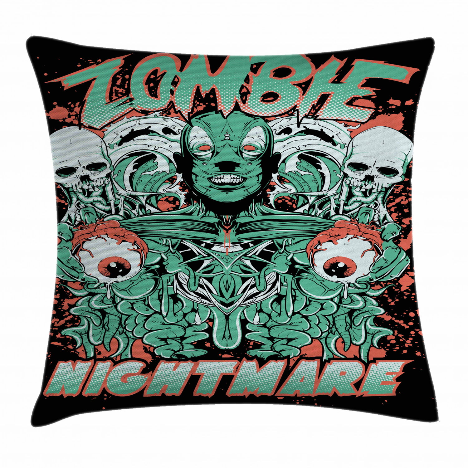 Zombie Decor Throw Pillow Cushion Cover, Nightmare Retro with Skulls Ghost  Characters Wild Illustration, Decorative Square Accent Pillow Case, 24 X 24  Inches, Jade Green Salmon Black, by Ambesonne - Walmart.com