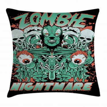 Zombie Decor Throw Pillow Cushion Cover, Nightmare Retro with Skulls Ghost Characters Wild Illustration, Decorative Square Accent Pillow Case, 16 X 16 Inches, Jade Green Salmon Black, by Ambesonne