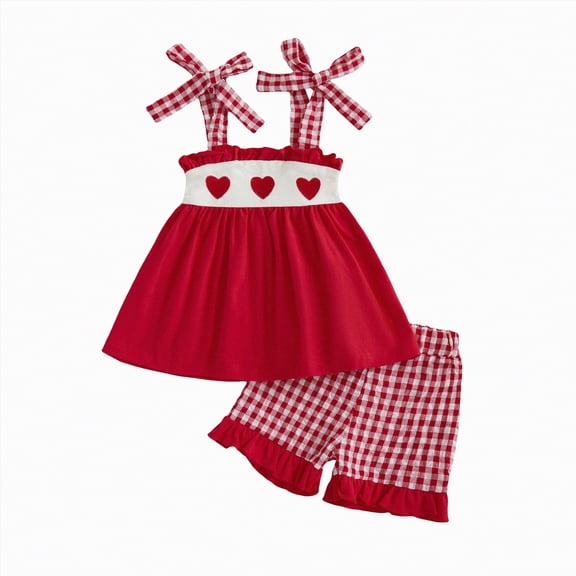 Yindaity Baby Girls Outfits Baby Girls Clothes T-shirt Linen Shorts with Belt Cute Summer Short Set(Red,18-24 Months)
