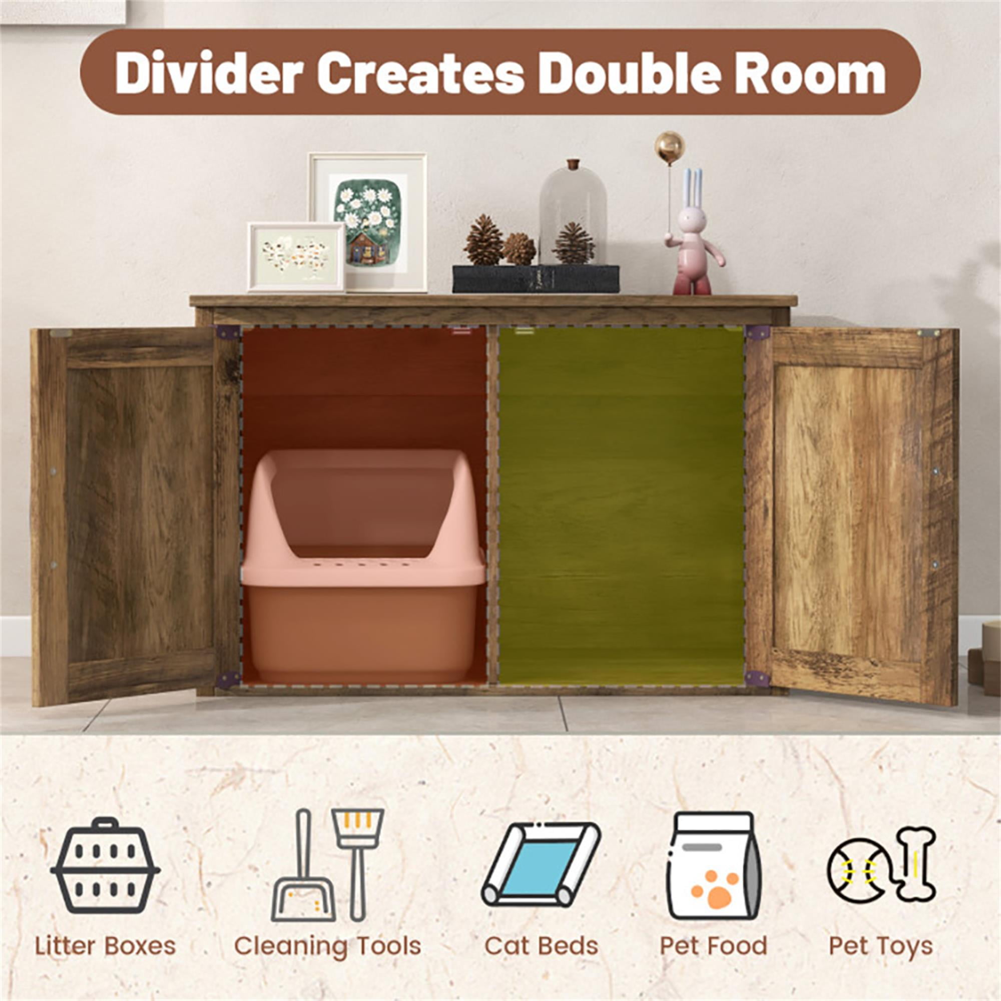 Kadyn 31" Cat Litter Box Enclosure with Double Barn Doors and Removable Divider, Flip Top Hidden Cat House Washroom Furniture, Brown