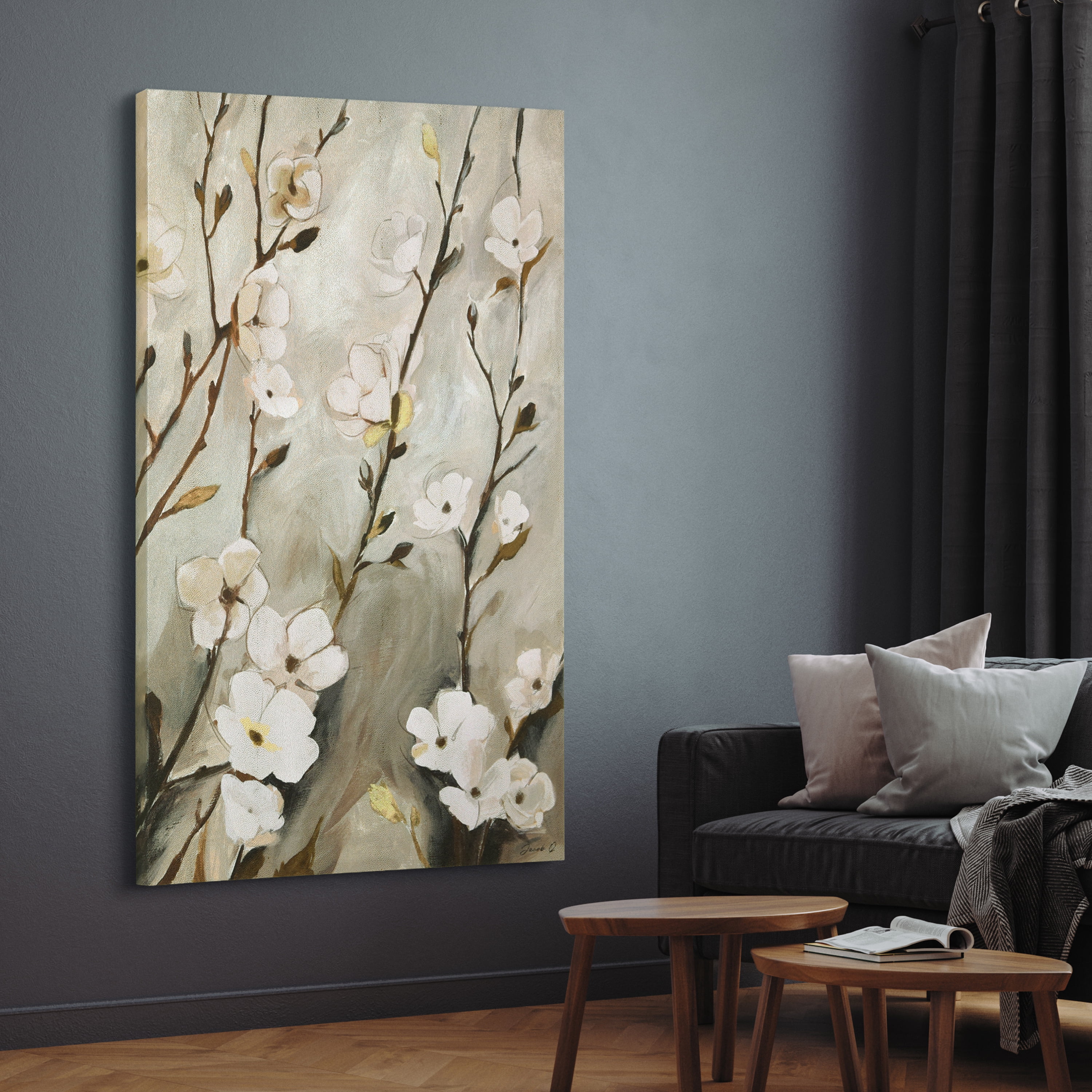 "Blossoming Tranquility" Floral Rendered on Gold Shagreen Wrapped Canvas Wall Art, sized 60"x40"