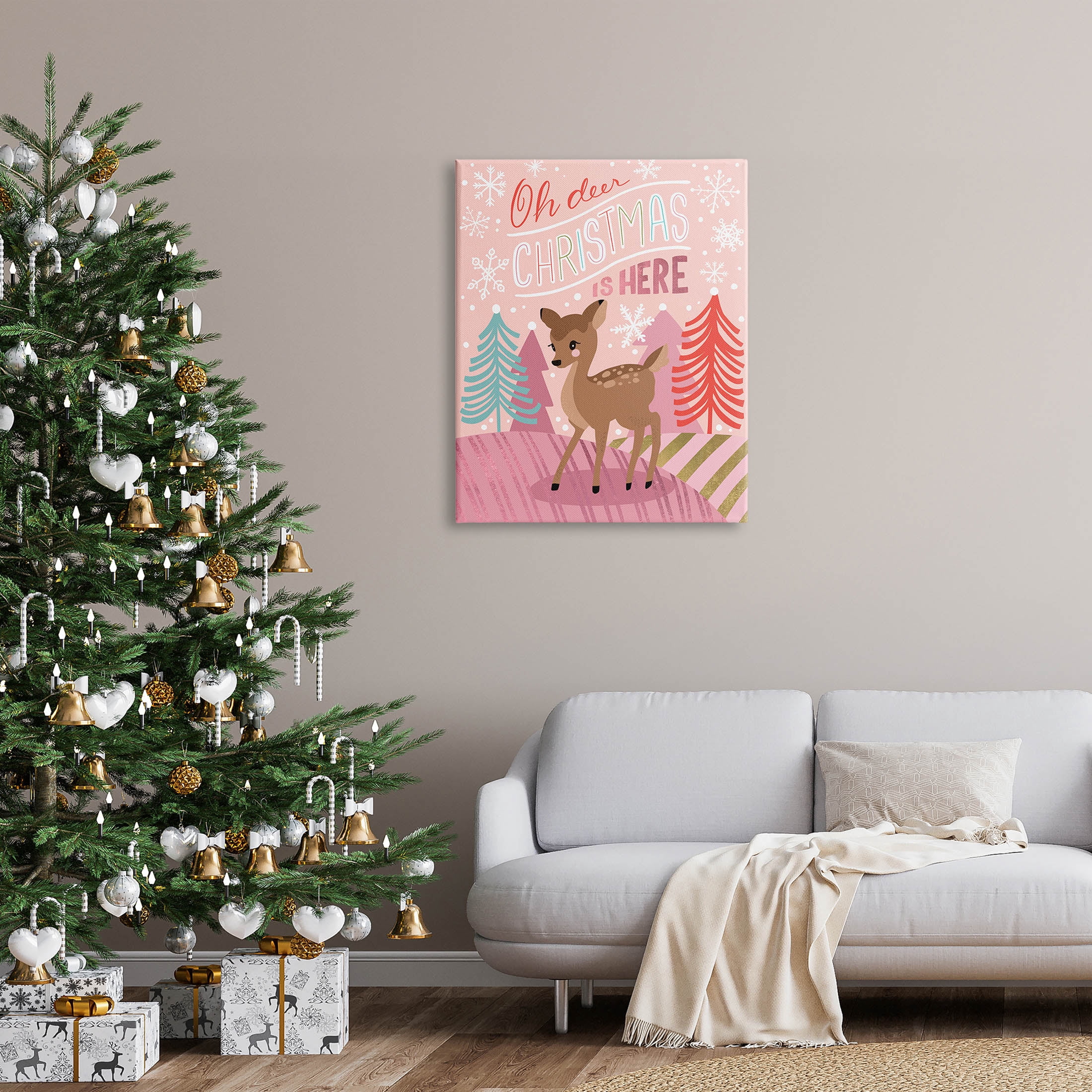Oh Deer Christmas Is Here Phrase Holiday Graphic Art Gallery Wrapped Canvas Print Wall Art