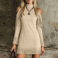 thumbnail image 5 of SAWOBUUN Womens Western Cowgirl Fringe Mini Dress Cold Shoulder Long Sleeve Faux Suede Tassel Bodycon Dress, 5 of 7