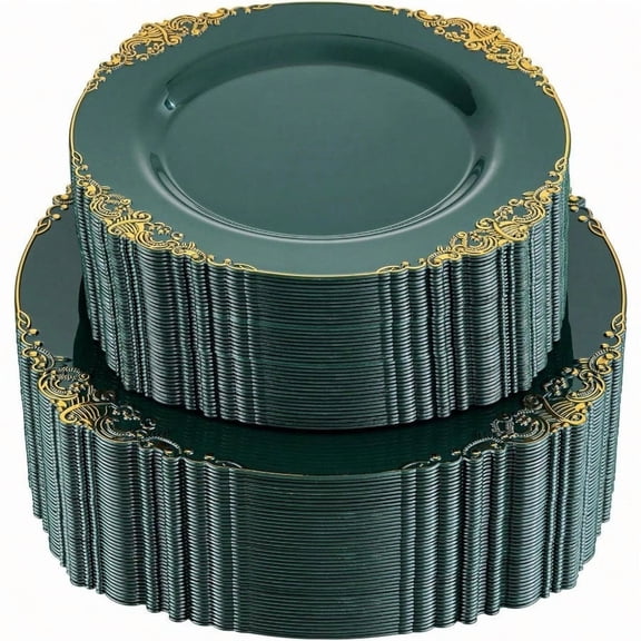 102PCS Plastic Plates - Green and Gold Plates - Fancy Heavy Duty Disposable Plate - Heavyweight Dinner Dert Plate for 51 Guests for Party Wedding