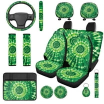 Uorisanigo Green Tie Dye Car Seat Covers Full Set 14 Pcs Auto Steering Wheel Cover and Cars Headrest Cover and Console Cover and Water Cup Pad Cars Seat Belt Cover Elastic Soft for Car SUV
