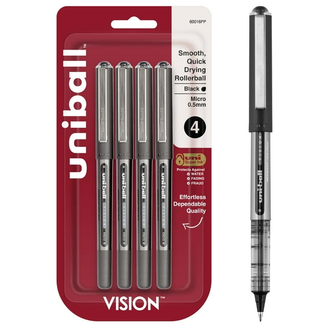 Bolígrafo Uni-Ball Vision Micro de 0,5 mm, color negro, paquete de 4 unidades
