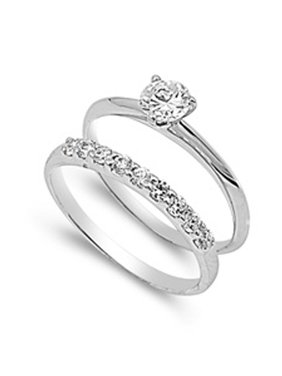 Sterling Silver Engagement Ring Wedding Band Bridal Set Clear CZ Size 7