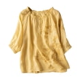 thumbnail image 2 of Siminsem Women's Embroidered Cotton Linen Top Round Neck Short Sleeve Loose Casual Blouse Breathable Summer Tops for Women Daily Wear with Embroidery Detail, Yellow, 3XL, 2 of 4