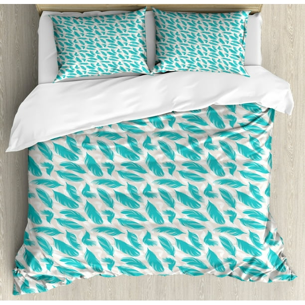Turquoise Duvet Cover Set Quills Design Bird Feathers Abstract