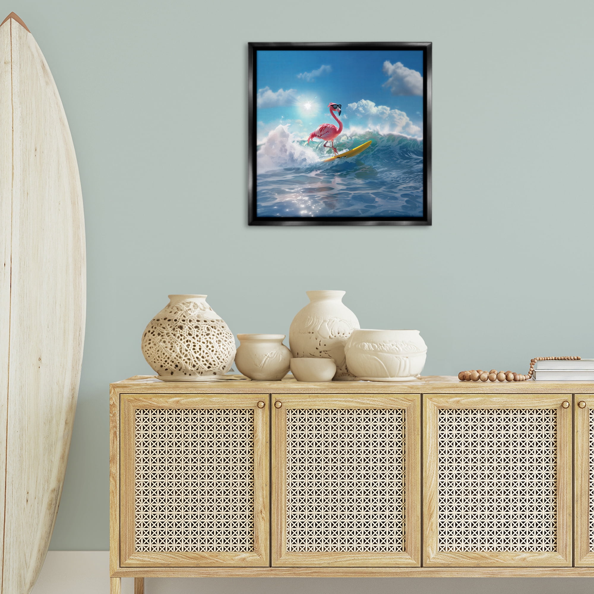 Stupell Industries Flamingo Surfing White Caps Nautical & Beach Painting Black Floater Framed Canvas Art Print Wall Art, 25 x 25