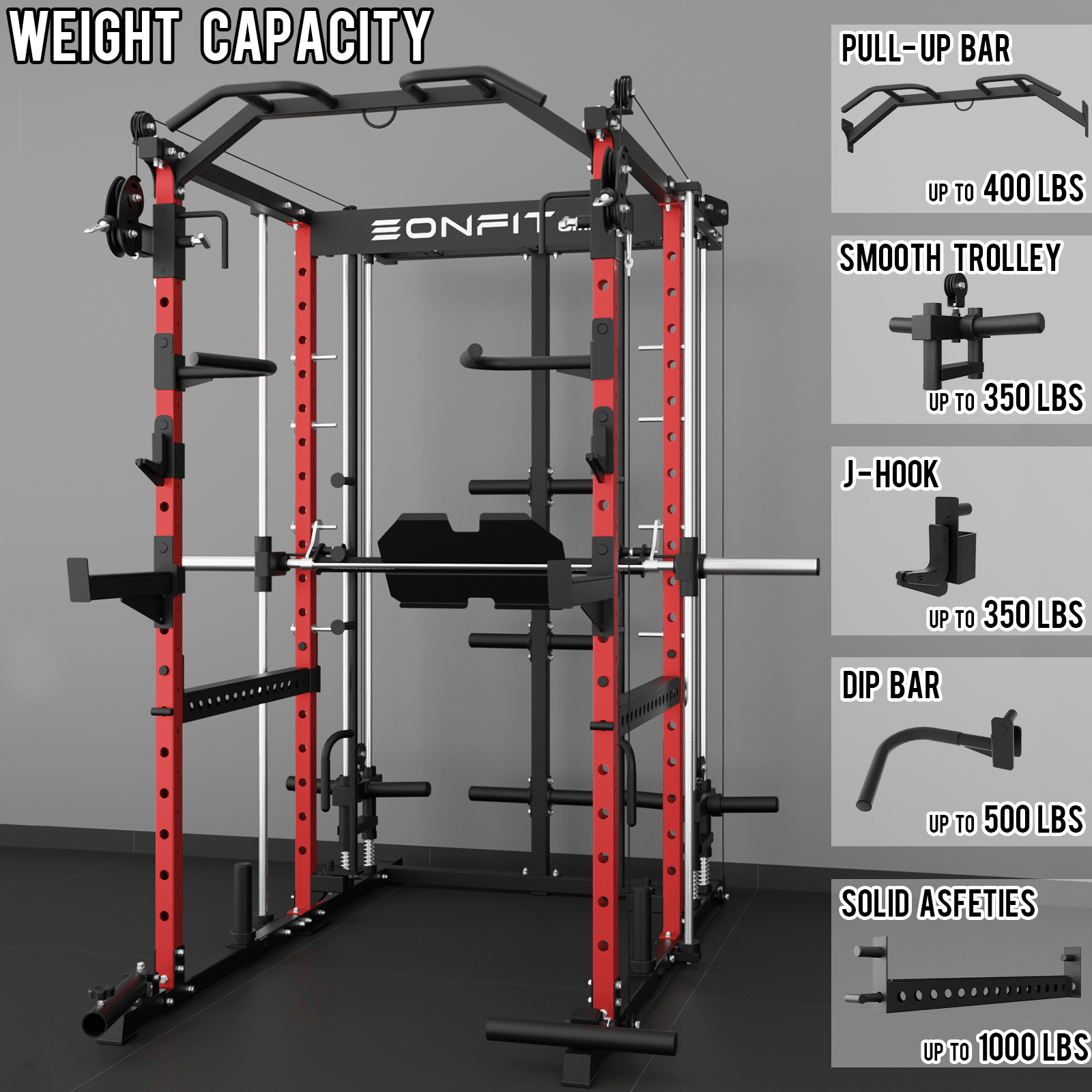 Eonfit E5 Smith Machine with Vertical Leg Press, Power Cage Squat Rack with LAT-Pull Down Cable Crossover Rotating Arms System Home Gym Equipment All in One (E5  RED）)