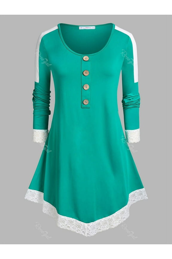 Plus Size Lace Trim Two Tone Irregular T-shirt