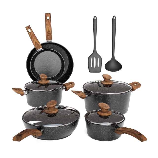 MAISON ARTS Juego de ollas y sartenes antiadherentes, 12 piezas de utensilios de cocina, juego de utensilios de cocina compatibles con inducción de granito negro, juegos de ollas y sartenes para cocin