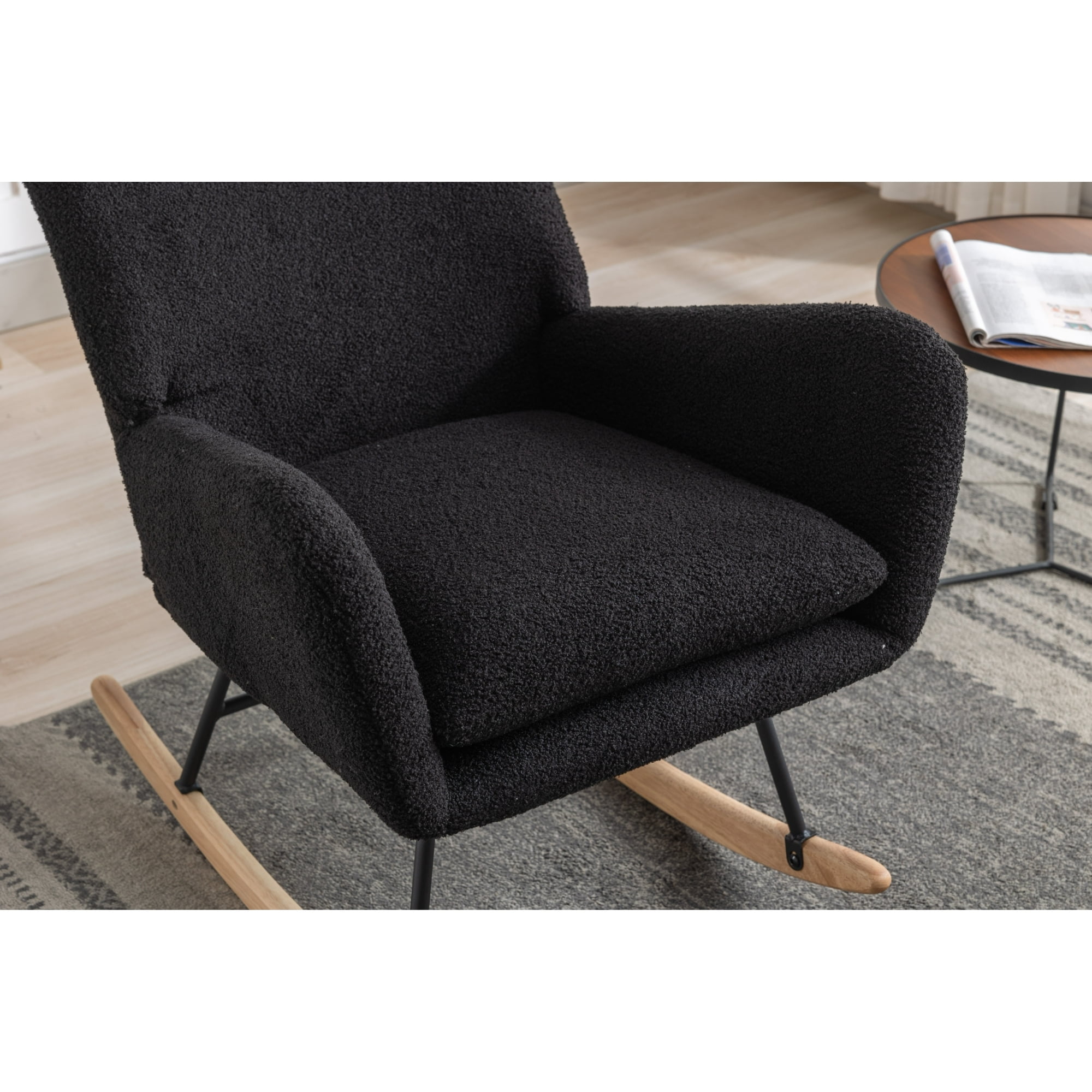 Clipeyh Teddy Fleece Upholstered Glider Rocking Chair, Black