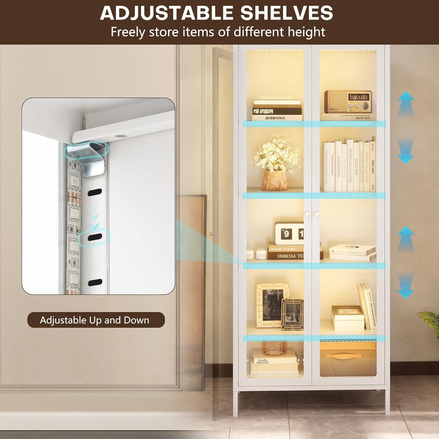 Display Cabinet with Glass Doors, 5-Tier Storage Shelves with 3-Side Tempered Glass, 4 Adjustable Shelves Collectibles Toys Organizers Rack, Display Shelf & Bookshelf, White