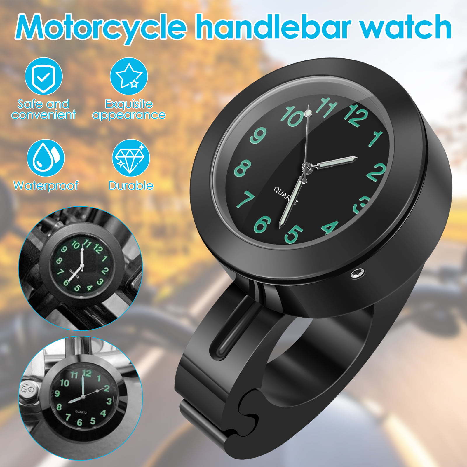 Universal Waterproof Motorcycle Handlebar Mount Clock Dial Watch Fit 7/8 &  1 Handlebar for Honda Street Bike Black