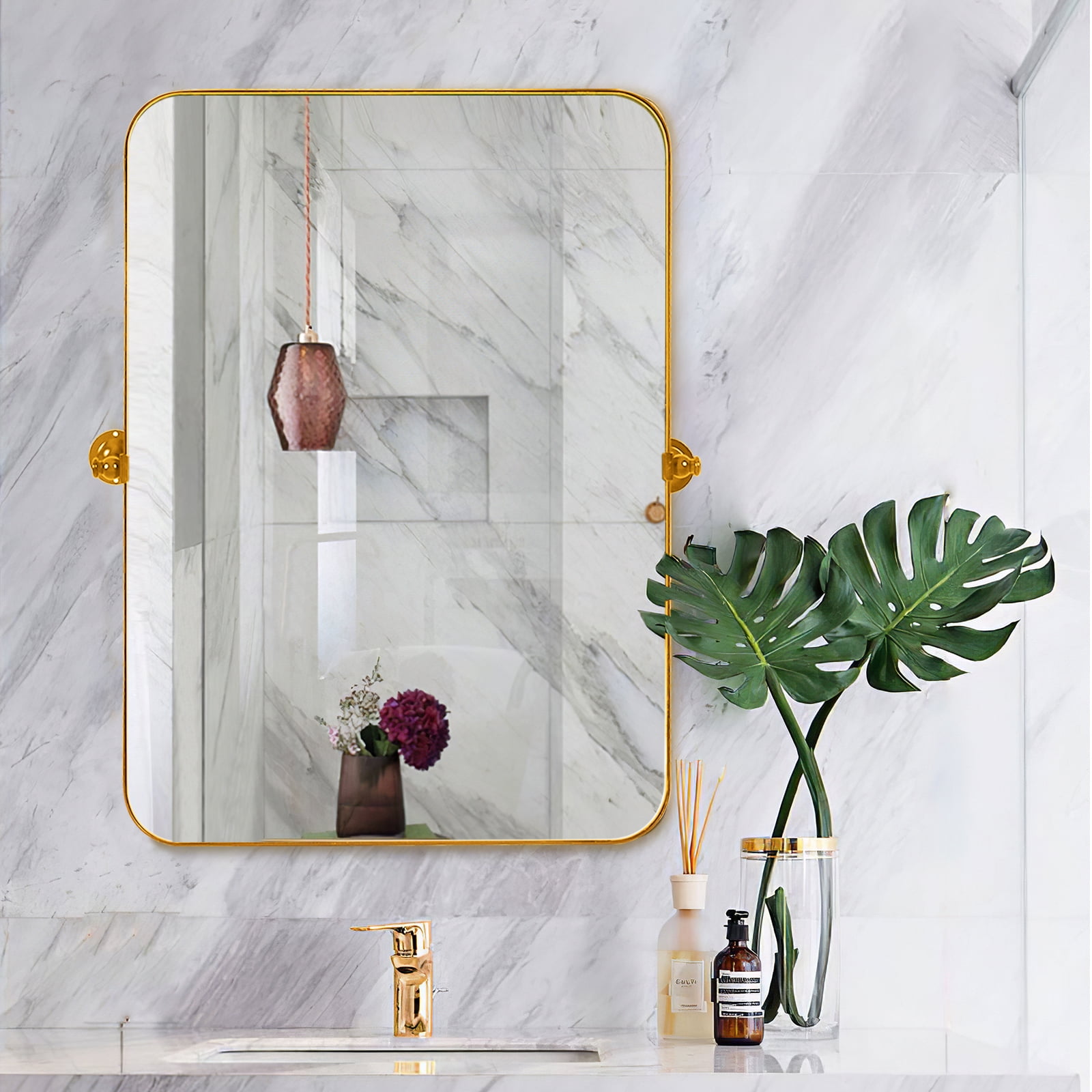 MAYEERTY 32"×24" Gold Iron Rectangular Wall Mirror Rounded Corners, Hardware, Double-Sided for Home Decor