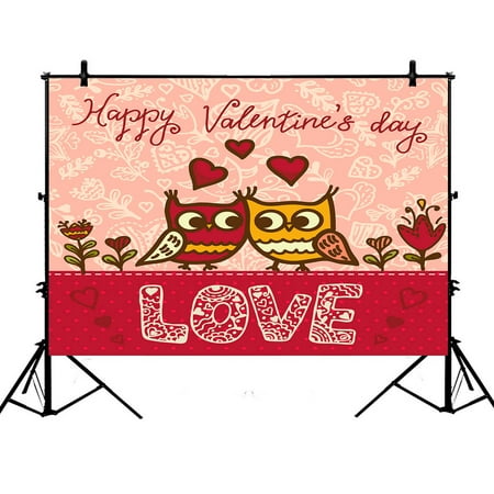 YKCG 7x5ft Funny Owl Love Pink Valentine's Day Photography Backdrops Polyester Photography Props Studio Photo Booth Props