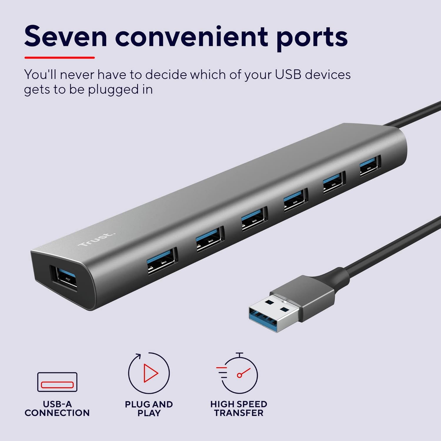 Trust Halyx 7 Port USB Hub 3.2 Gen 1, Slim Adapter with USB-C Power Port, Fast 5 Gbps Data Spee