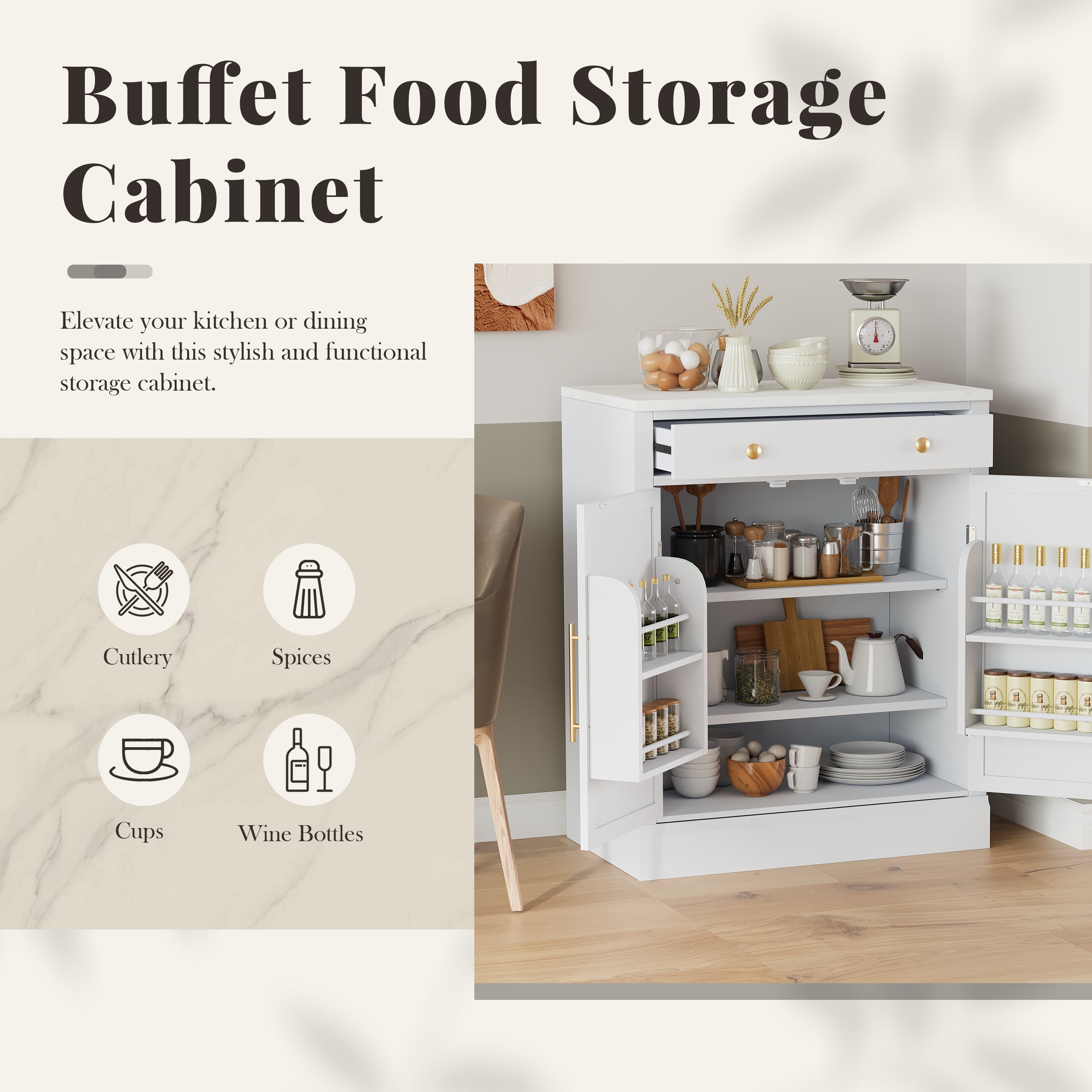 Euroco Modern Freestanding Kitchen Pantry,Buffet Food Storage, Coffee Bar Cabinet with Drawer, 2 Adjustable Shelves and 2 Door Shelves for Dining, Kitchen,White