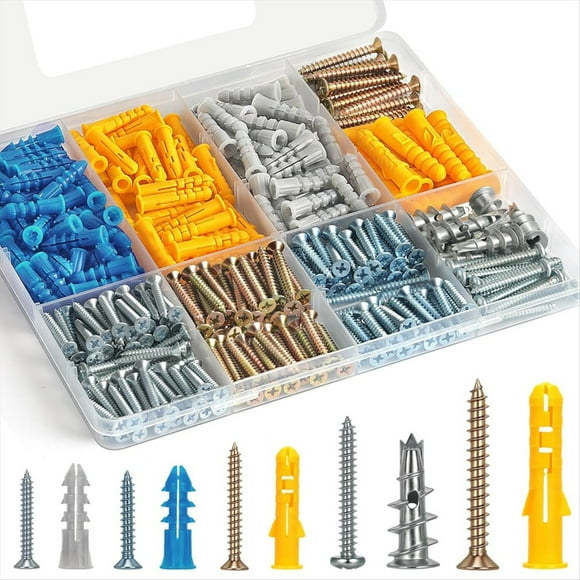 Drywall Anchor and Screw Combo Set, Zinc Drywall Anchor, 5 Sizes Short and Long for Hanging Pictures, Curtain Rods,1 set * dry wall anchors and screws kit