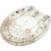 Resin Toilet Seat Round with Seashells Cover, Soft Close Quick Release Elongated Toilet Seat, Heavy Duty Toilet Lid, Clear