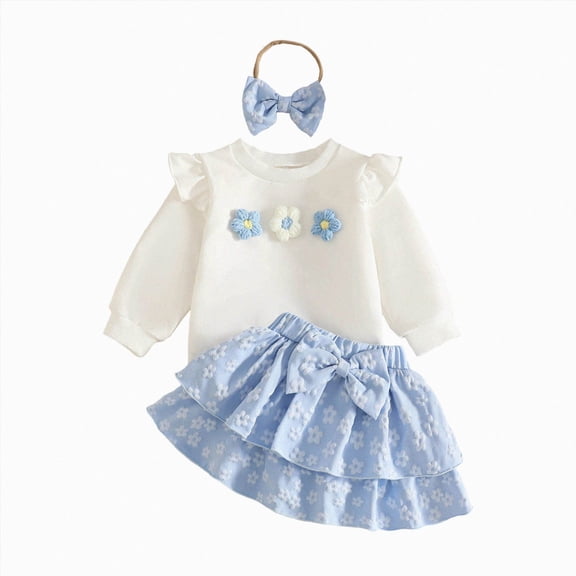 CAICJ98 Toddler Baby Girl Clothes Fall Winter Outfits Ruffle Long Sleeve Floral Sweatshirt Skirt with Headband 3Pcs Set,Size 12-18 Months