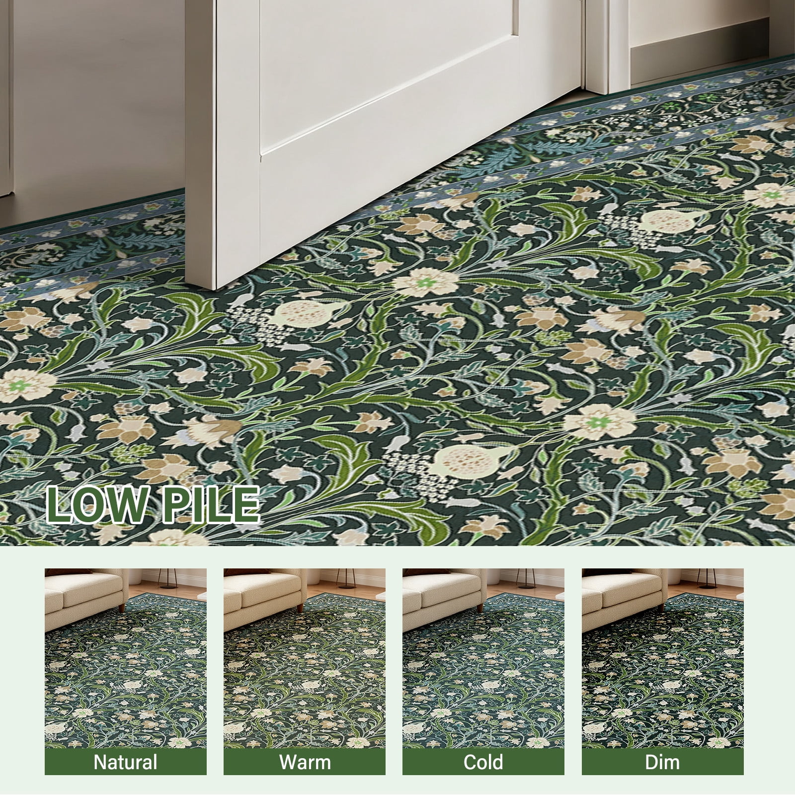 8x10 Area Rugs for Living Room, Green Washable Area Rugs with Non-Slip Backing, Boho Floral Vintage Carpets Low Pile for Dining Room, Bedroom, Home Office, Indoor, Nursery, Apartment.