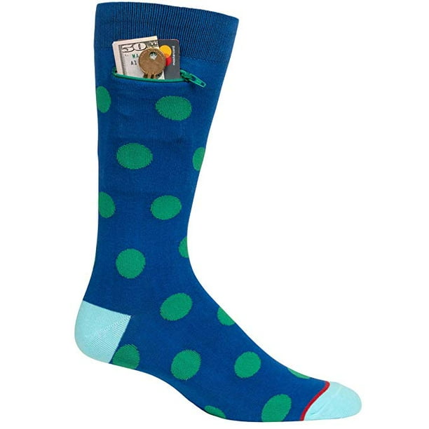 Pocket Socks Mens Pocket Socks, Blue with Green Polka Dots, Crew Soft