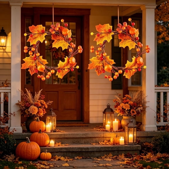 Aurorax Outdoor Fall Wreaths for Front Door,2 Pack Fall Wreath Decorations with Maple Leaves Berries Faux Farmhouse Thanksgiving Harvest Decor for Outside Indoor Window Orange