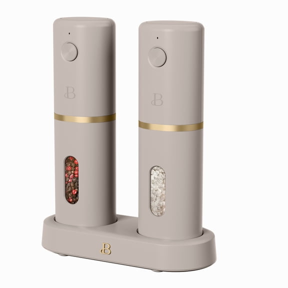 Beautiful 3-Piece Rechargeable Electric Salt and Pepper Grinder Set with Charging Base, Porcini Taupe by Drew Barrymore