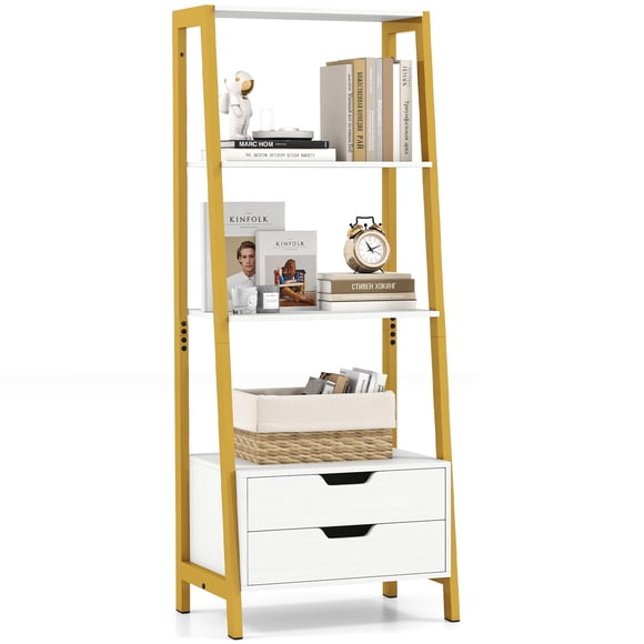 Gymax 4-tier Bookshelf w/ 2 Storage Drawers Sturdy Metal Frame Anti-toppling Devices White