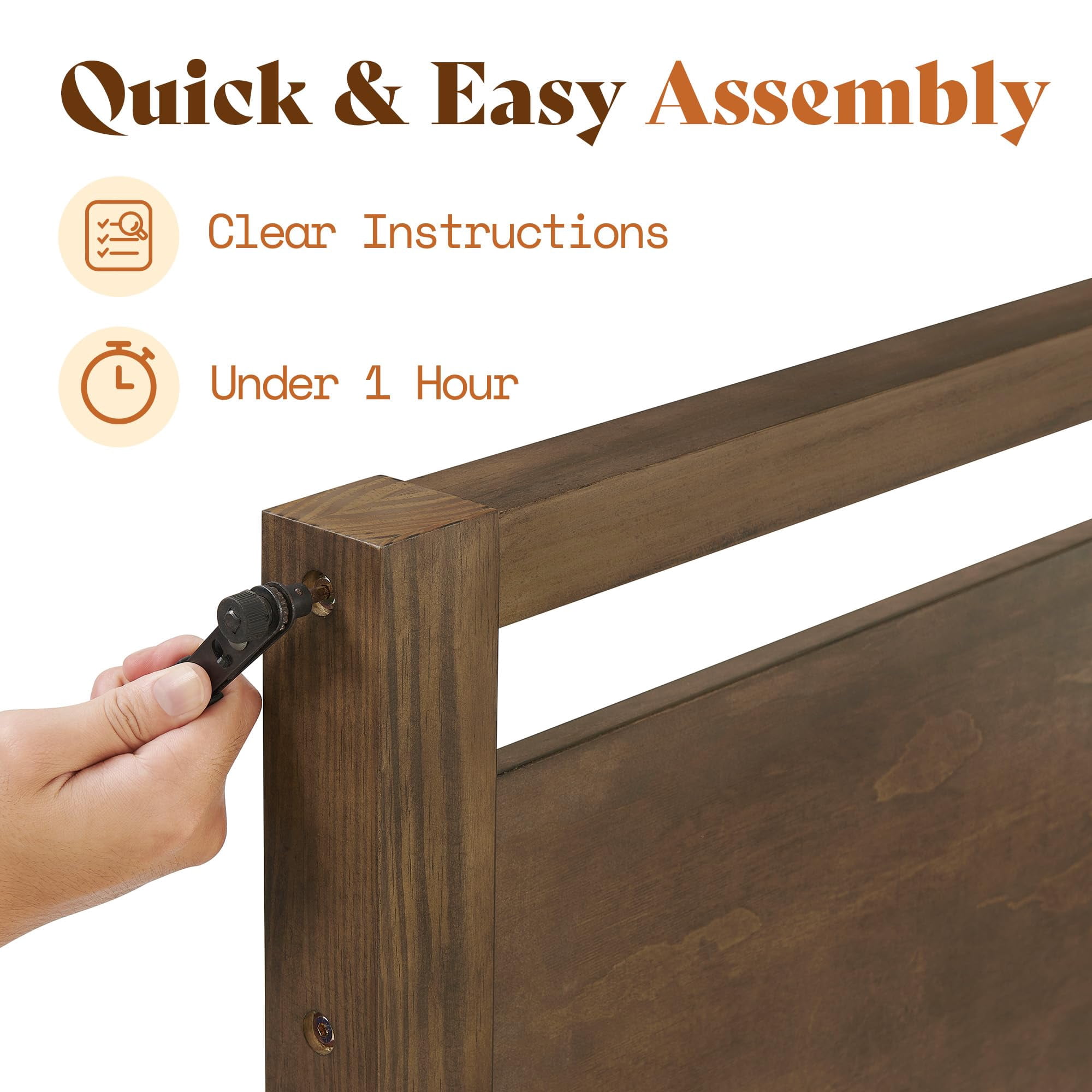Papajet King Size Solid Wood Bed Frame with Headboard, Minimalist Platform Bed with Wood Slats Support, Easy Assembly, Noise-Free, Dark Brown