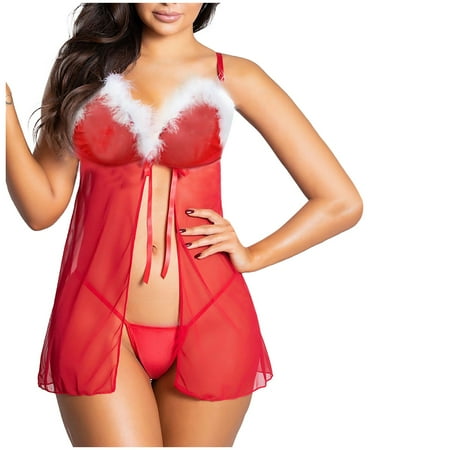 

sebulube Cute with fun design Christmas underwear Women Christmas V-collar Net Underwear Pajamas Sleepwear Thong Lingerie