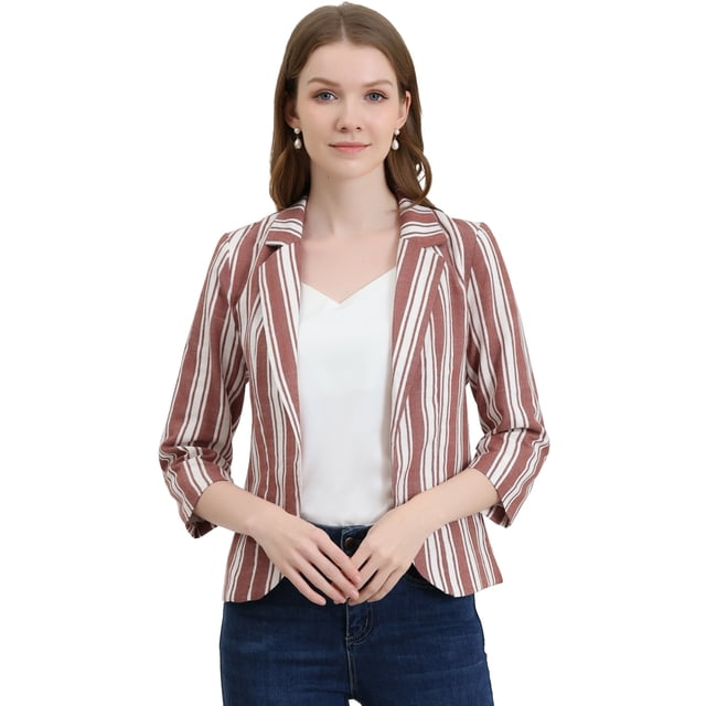 INSPIRE CHIC Blazer De Solapa Con Muescas Y Mangas 3/4 A Rayas Para Mujer Café marrón XL