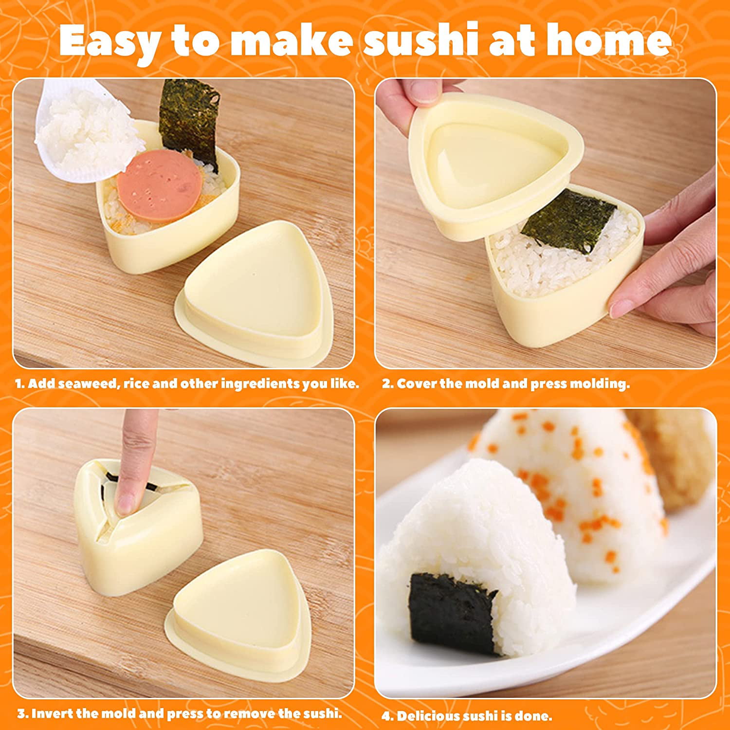 Cute Cat Sushi Mold for Kids, Musubi Maker Press, Rice Ball Mold Shaker,  Classic Triangle Rice Ball Maker Mold Kit for DIY Fun Lunch Box Picnic Tool